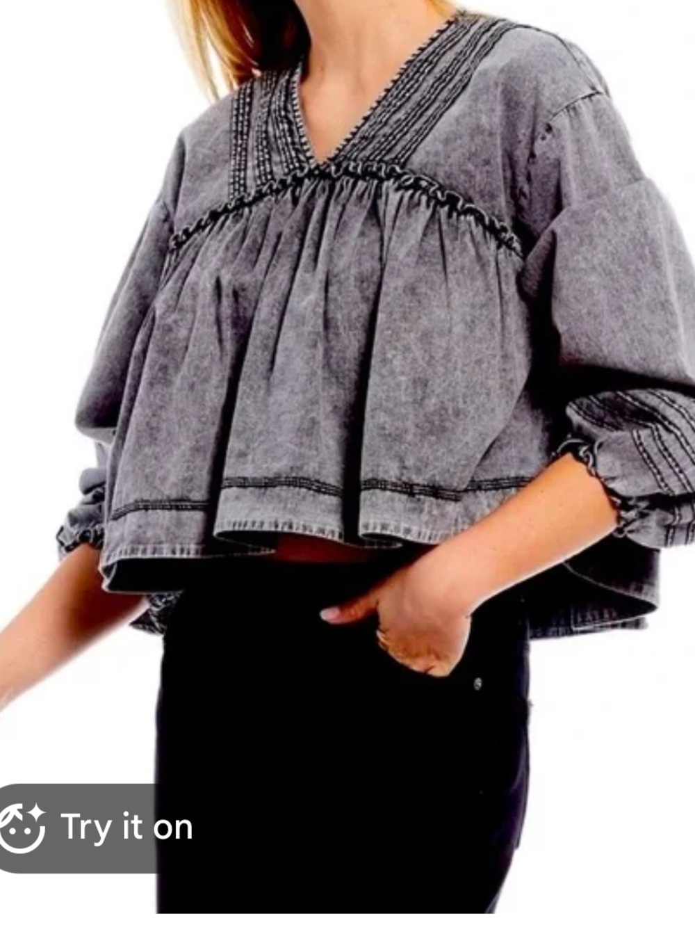 Free People Washed Black Cropped Peasant Tunic